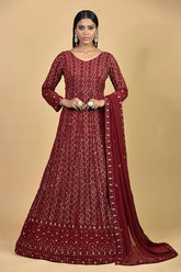 Wine Color Anarkali With Thread & Sequins Work - House of Surya